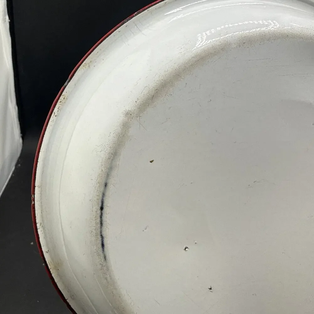 Vintage White Red Rim Enamelware Dinner Plate Farmhouse Camp Rustic 9.25 Inches